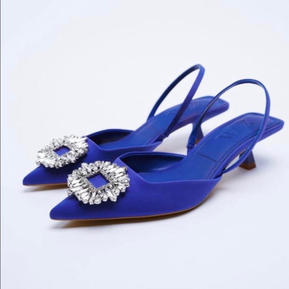 Zara Blue Slingback Heels with Crystal Embellishments Size 7